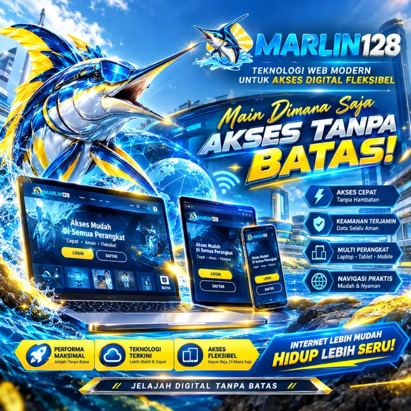 Banner MARLIN128 dengan identitas visual ikan marlin dan tema teknologi digital modern
